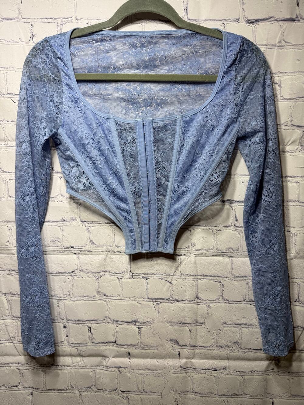 Sheer Lace Pointed Front Bustier Top Blue Long Sleeve Sz S Fairy Coquette